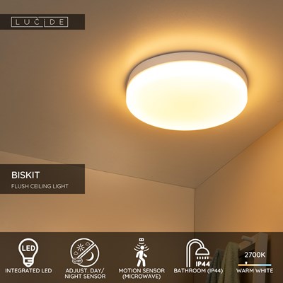 Lucide BISKIT - Flush ceiling light Bathroom - Ø 40 cm - LED - 1x36W 2700K - IP44 - Motion Sensor - White